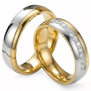 Obrączki ślubne stalowe złoto-srebrne asymetryczne z cyrkonią 6 mm KO7